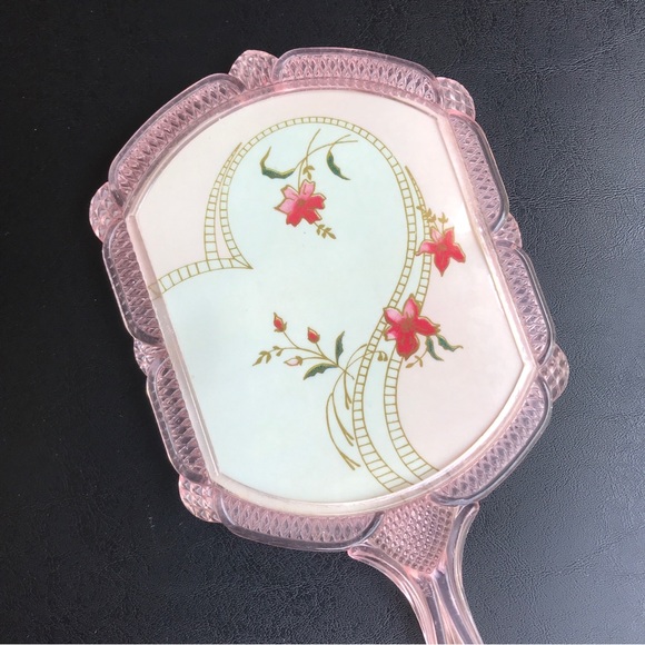 Vintage Celluloid Floral Mirror Vanity Handled Dainty Pretty Flower Mirror Pink - Picture 7 of 13